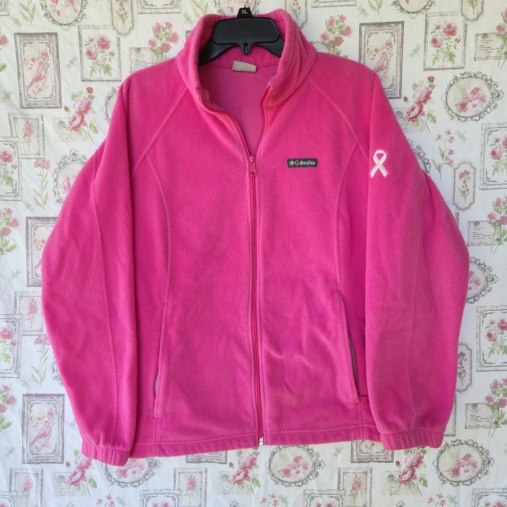 Columbia Womens 1X Fleece Jacket Pink Full Zip Breast Cancer Awareness Ribbon